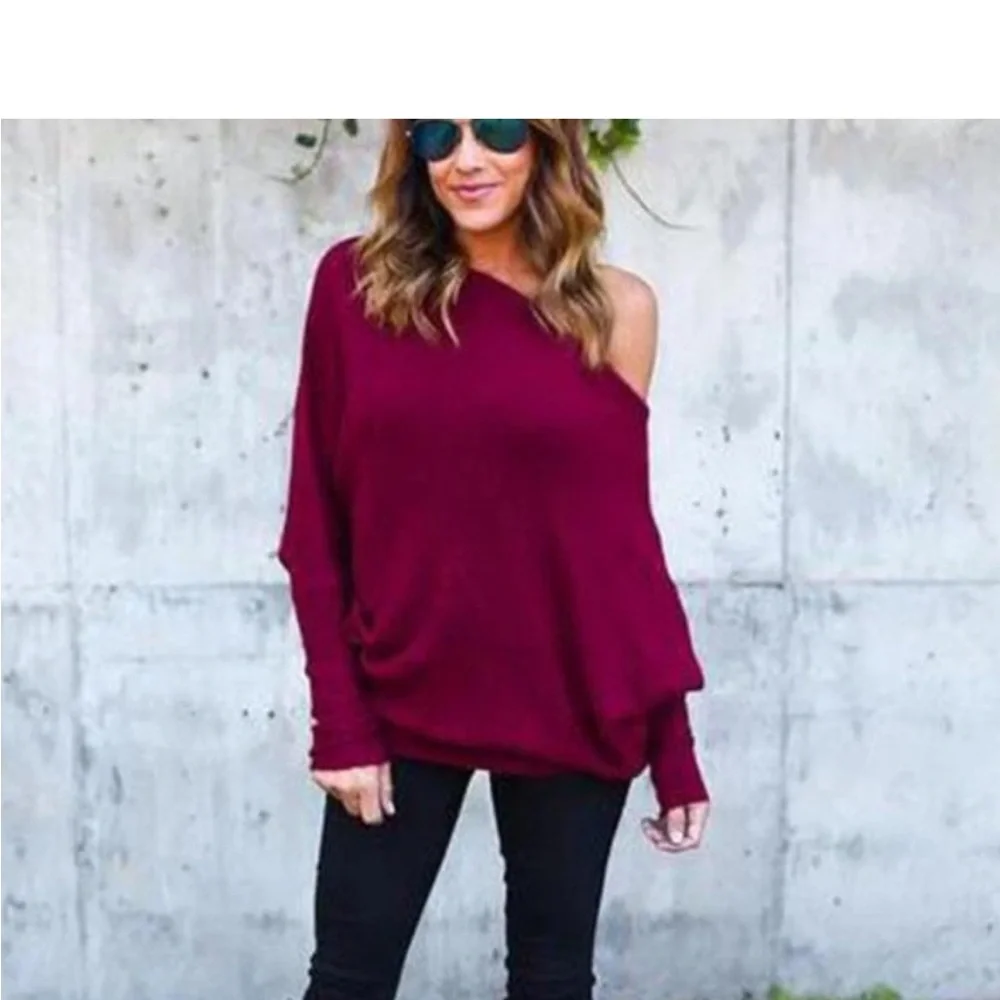 Women's Off-Shoulder Sweater knit loose tops Burgundy